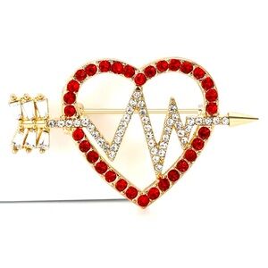 Brooch- heart w/ heartbeat, NIP, golden base w/ red & clear rhinestones, gifts